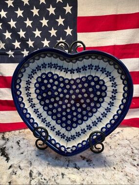 Blue Heart Pattern Ceramic uDecorative Plate - polish pottery